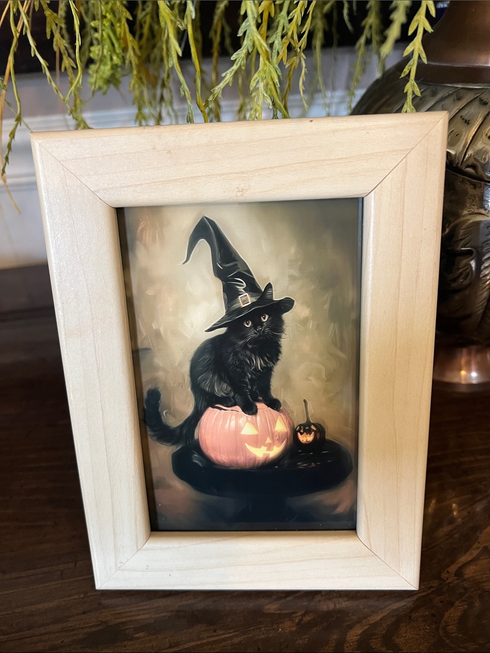Black Cat Halloween Art Print in Wooden Frame